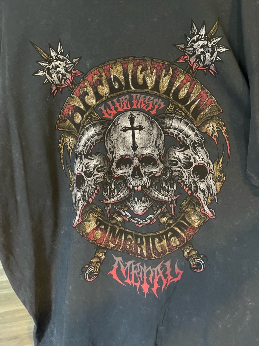 Affliction Black Tee with Red and Gold Skull Graphic